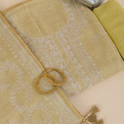 Lemon Linen Tissue Printed Kurta with Zari Embroidery & Dupatta