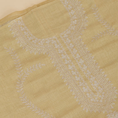 Lemon Linen Tissue Printed Kurta with Zari Embroidery & Dupatta