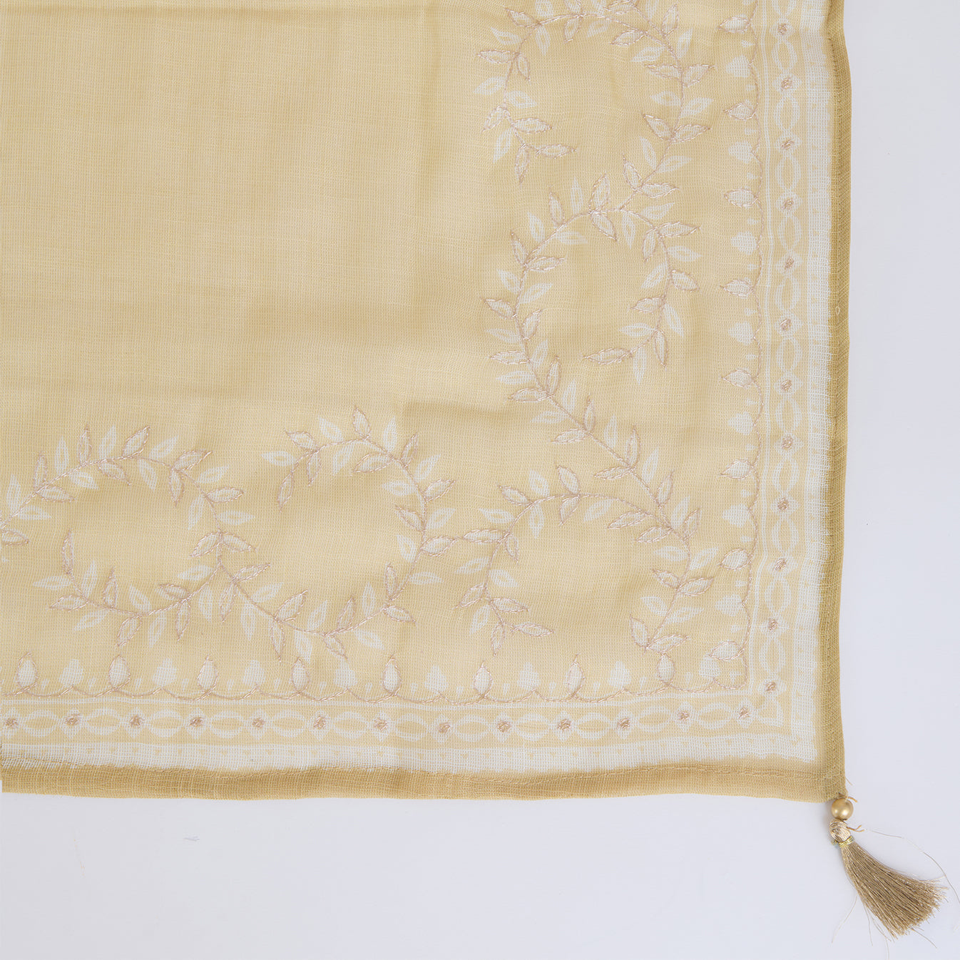 Lemon Linen Tissue Printed Kurta with Zari Embroidery & Dupatta