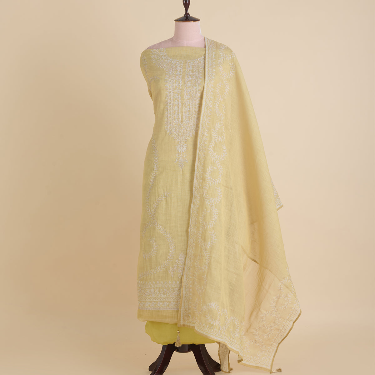 Lemon Linen Tissue Printed Kurta with Zari Embroidery & Dupatta
