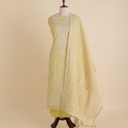 Lemon Linen Tissue Printed Kurta with Zari Embroidery & Dupatta