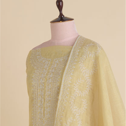 Lemon Linen Tissue Printed Kurta with Zari Embroidery & Dupatta