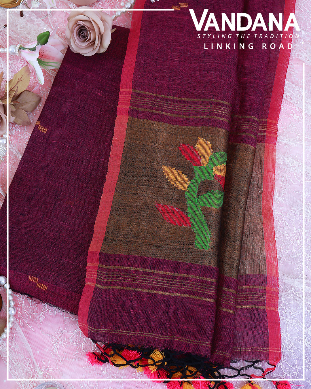 Magenta Linen Suit with Jamdani Woven Buti & Linen Tissue Dupatta
