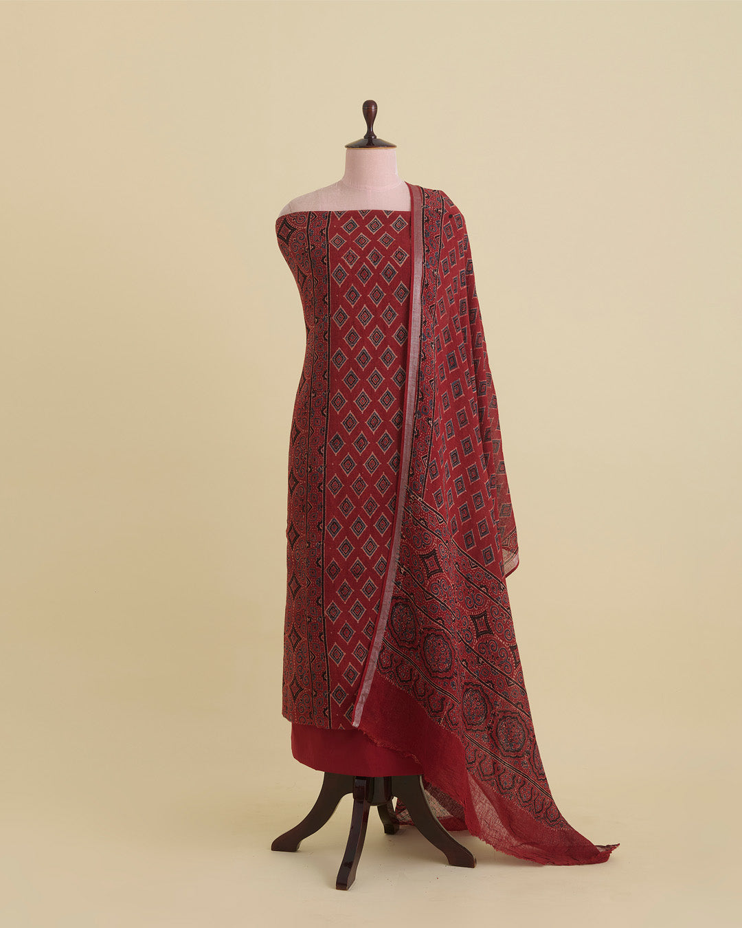 Maroon Ajrak Linen Kurta with Printed Dupatta & Cotton Bottom