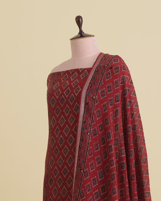 Maroon Ajrak Linen Kurta with Printed Dupatta & Cotton Bottom
