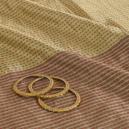Beige Gold Muga Mercerized Zari Stripes with Katha Stitch Fabric