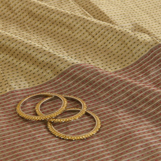 Beige Gold Muga Mercerized Zari Stripes with Katha Stitch Fabric