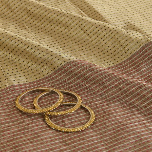 Beige Gold Muga Mercerized Zari Stripes with Katha Stitch Fabric