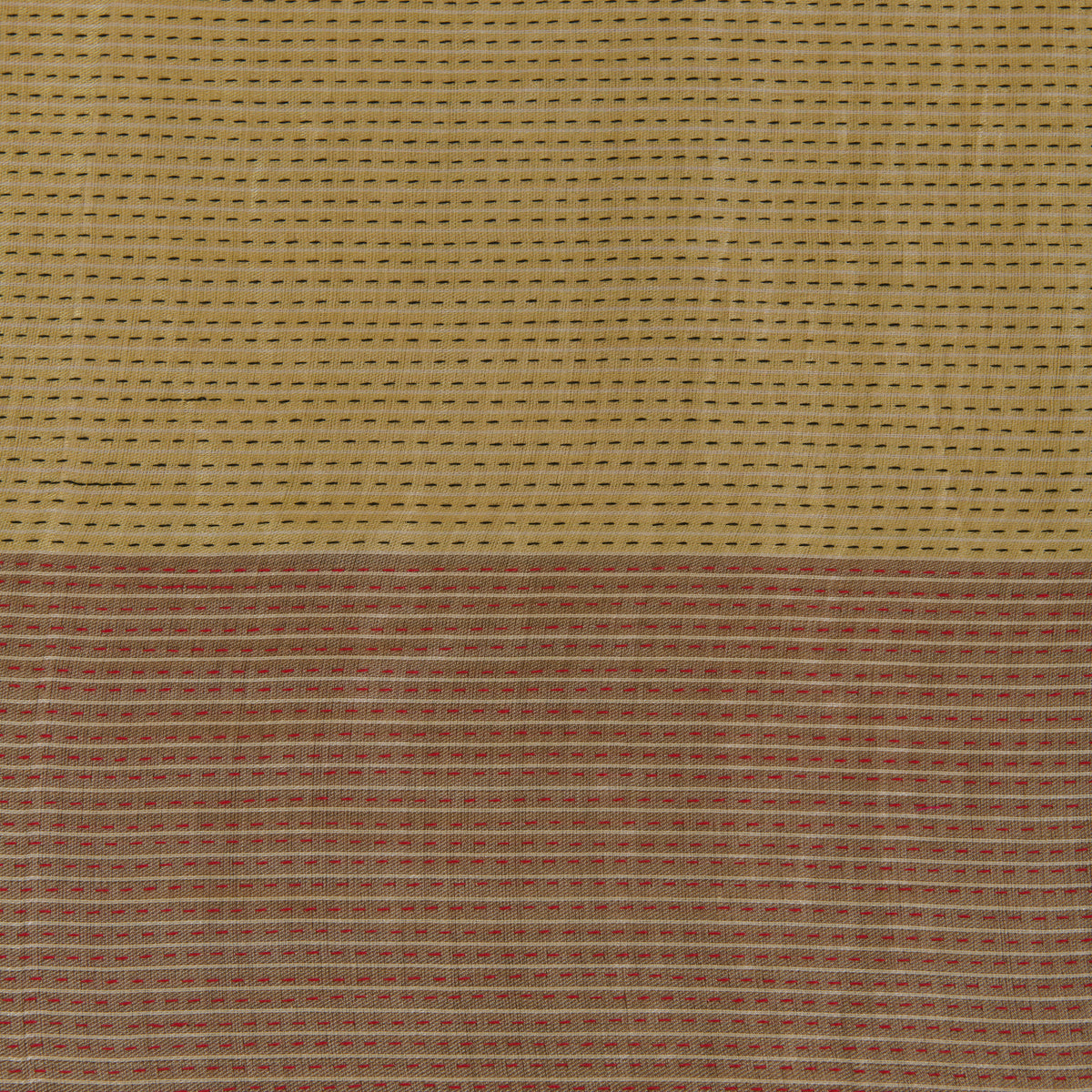 Beige Gold Muga Mercerized Zari Stripes with Katha Stitch Fabric