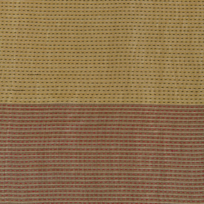 Beige Gold Muga Mercerized Zari Stripes with Katha Stitch Fabric
