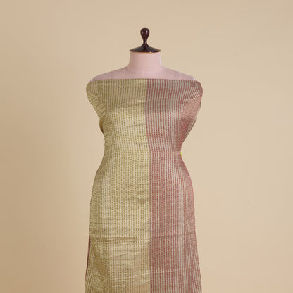 Beige Gold Muga Mercerized Zari Stripes with Katha Stitch Fabric