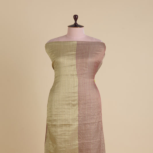 Beige Gold Muga Mercerized Zari Stripes with Katha Stitch Fabric