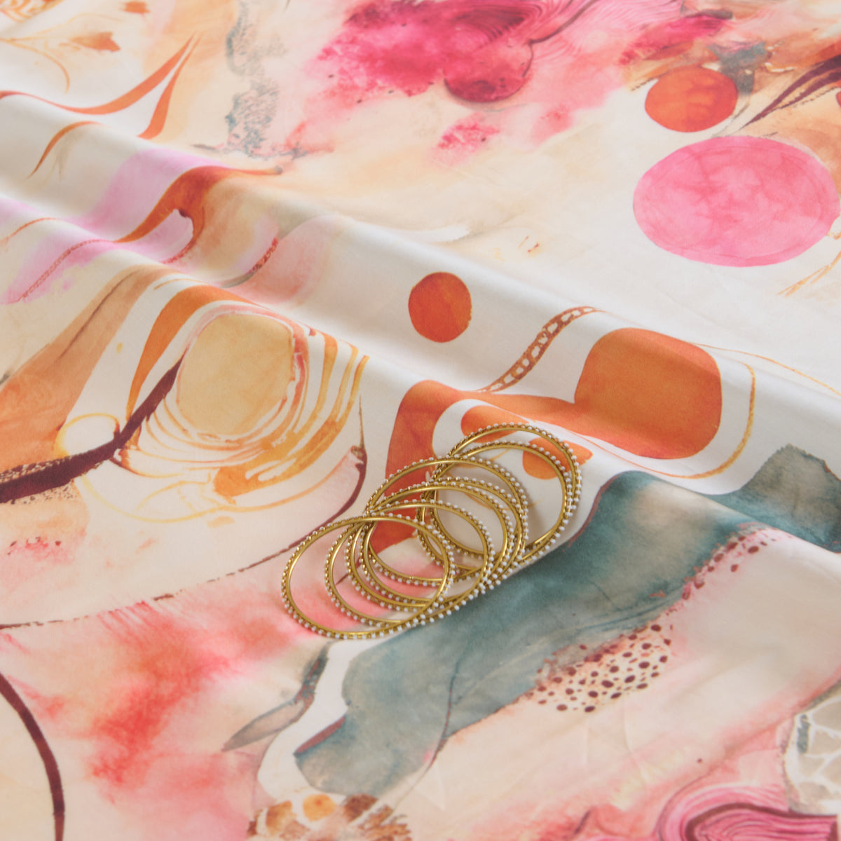 Cream Modal Satin Digital Abstract Print Fabric