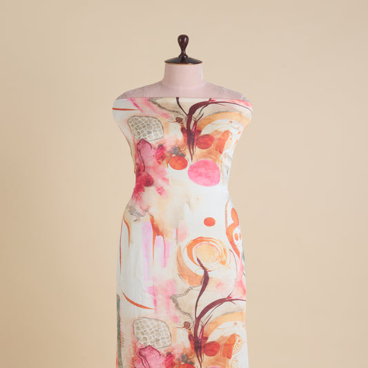 Cream Modal Satin Digital Abstract Print Fabric