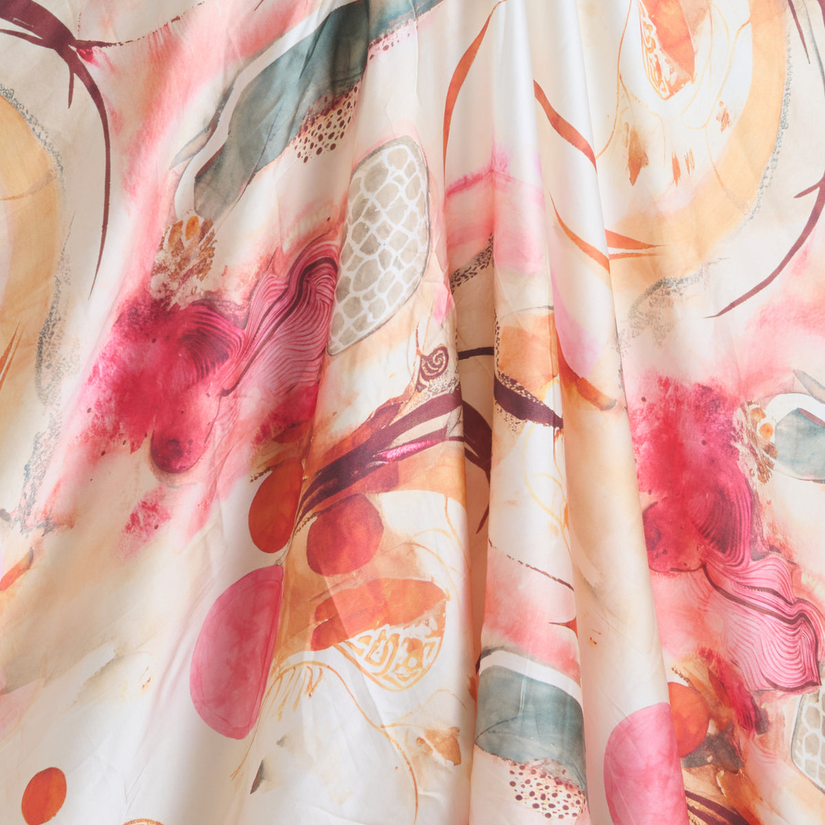 Cream Modal Satin Digital Abstract Print Fabric