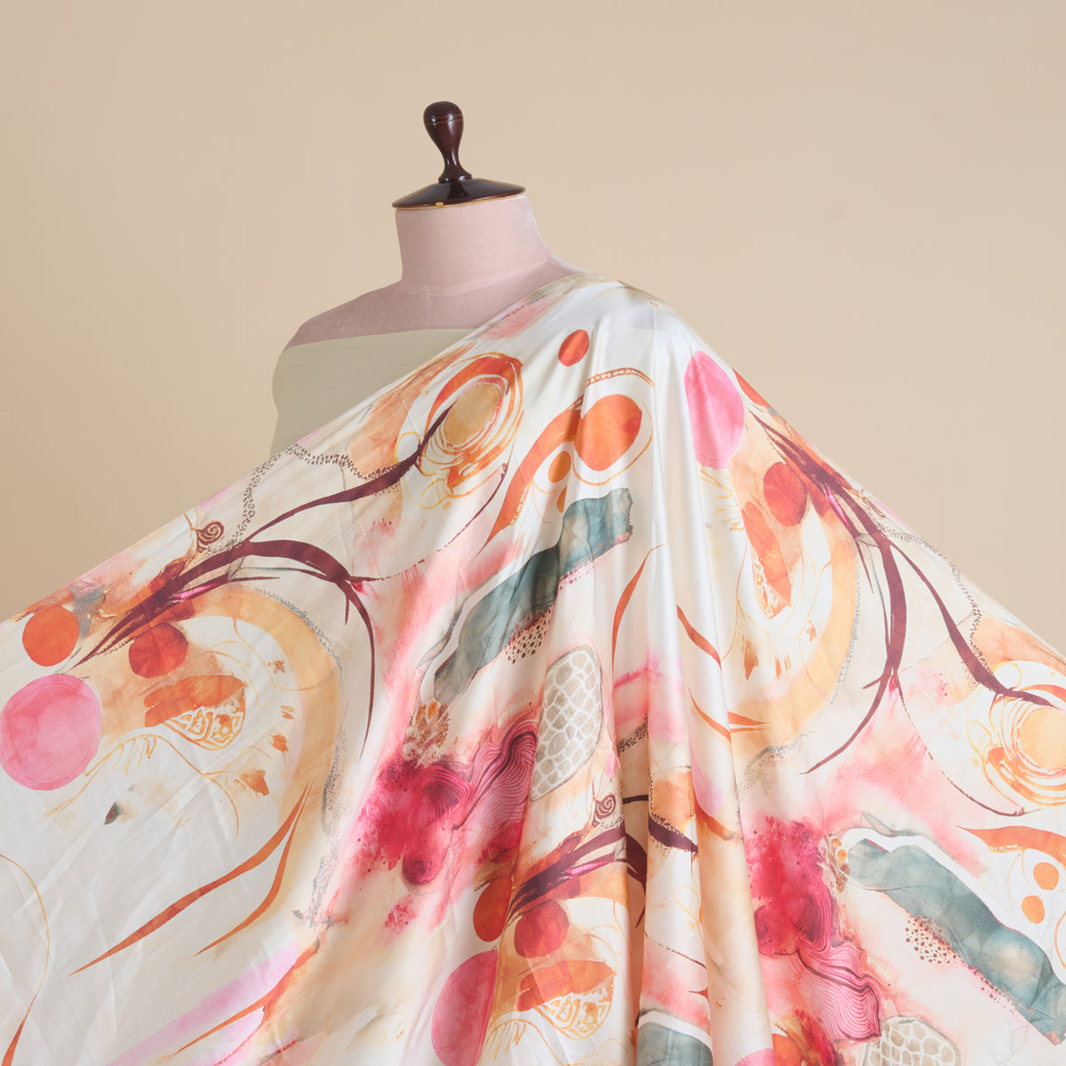 Cream Modal Satin Digital Abstract Print Fabric