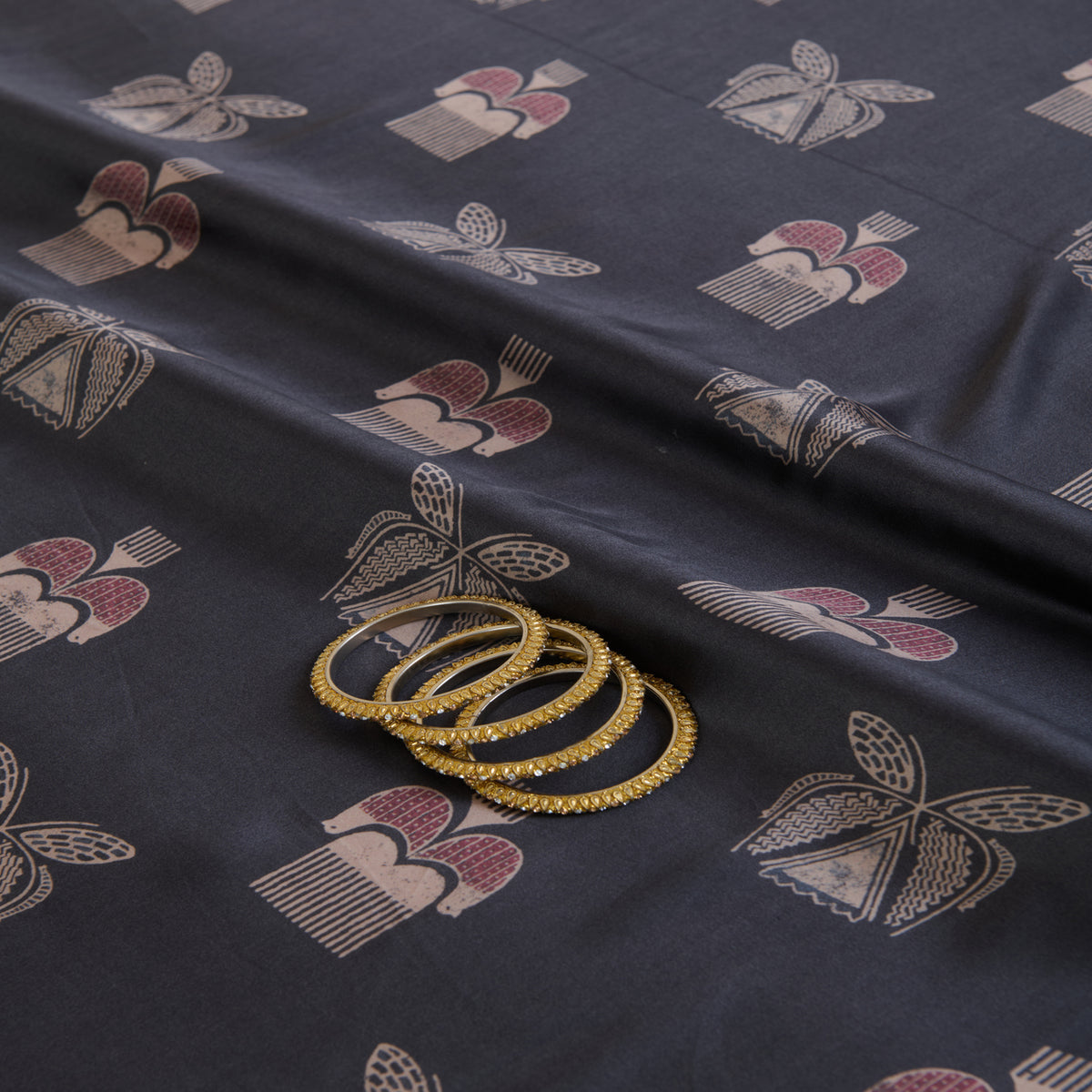 Dark Grey Modal Satin Digital Buta Printed Fabric