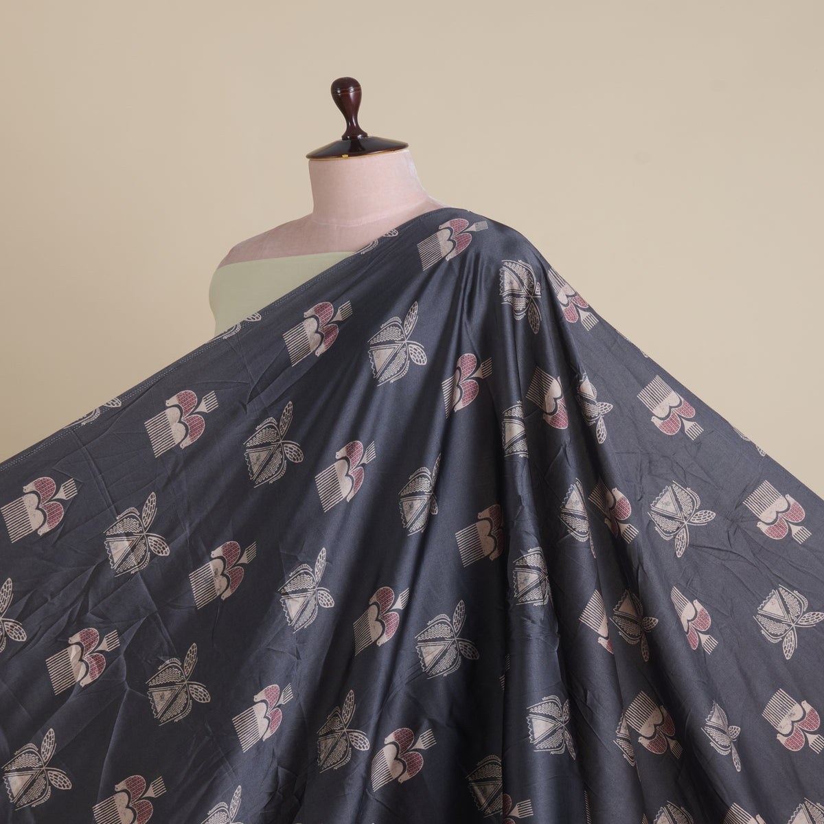 Dark Grey Modal Satin Digital Buta Printed Fabric