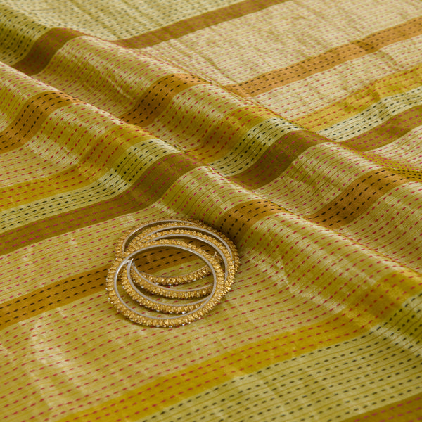Lime Green Muga Tissue Horizontal Patta Katha Stitch Fabric
