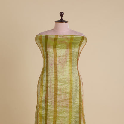 Lime Green Muga Tissue Horizontal Patta Katha Stitch Fabric