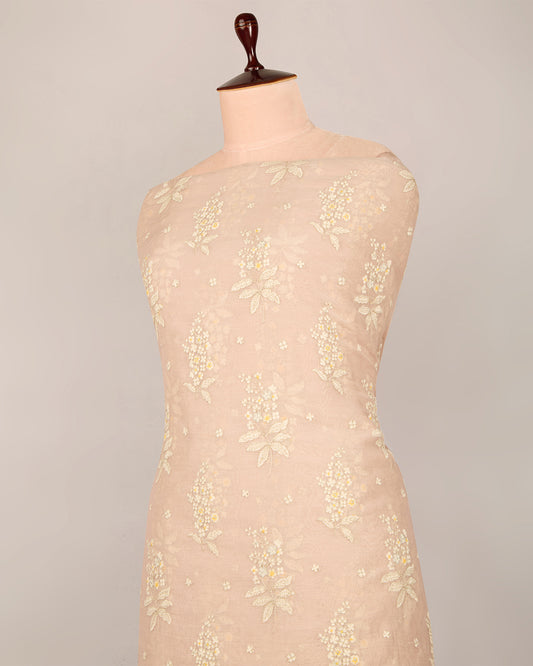 Light Peach Malai Chanderi Thread & Zari Buta Embroidery Fabric