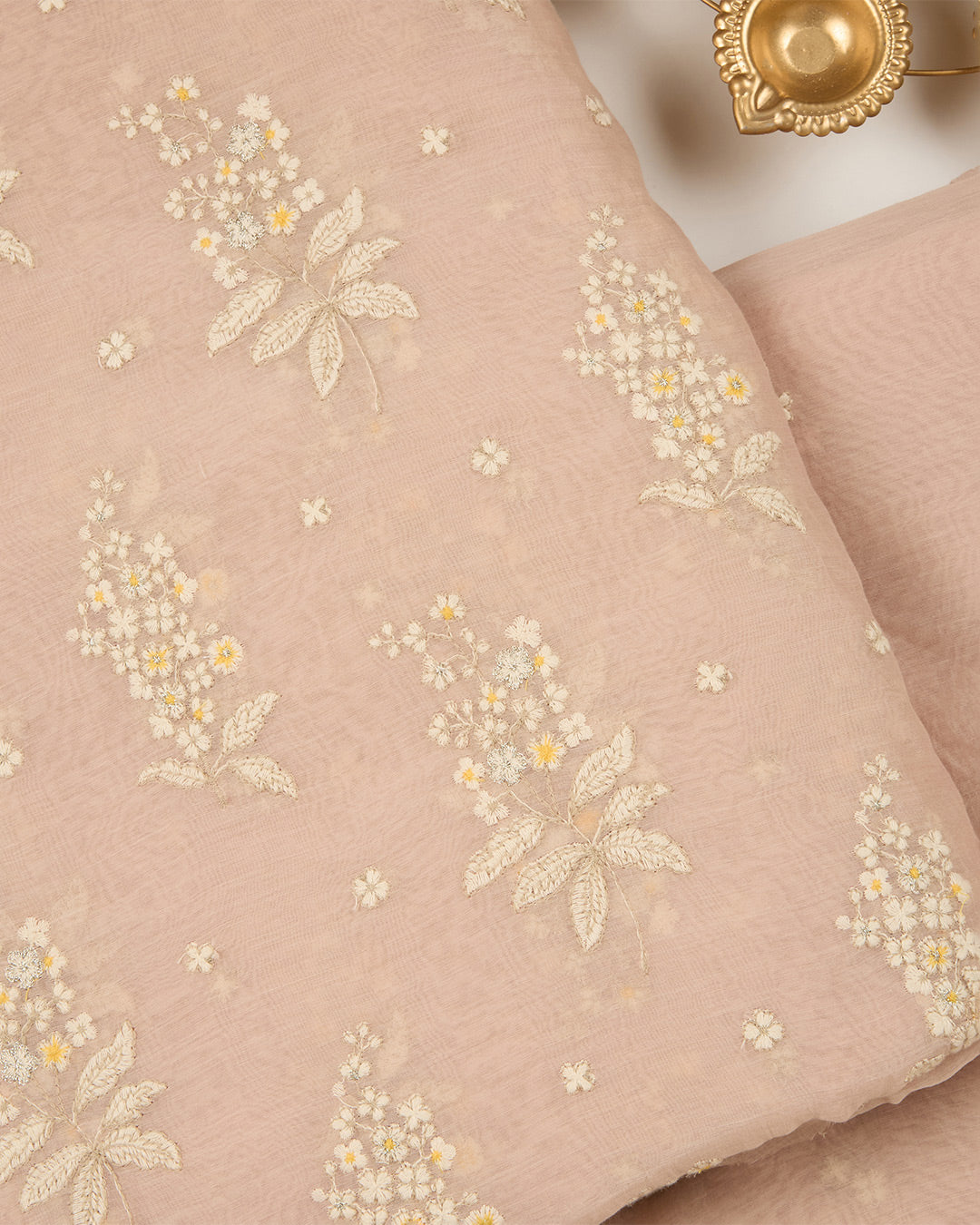 Light Peach Malai Chanderi Thread & Zari Buta Embroidery Fabric