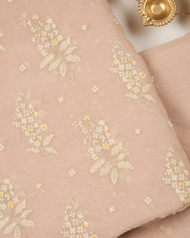 Light Peach Malai Chanderi Thread & Zari Buta Embroidery Fabric