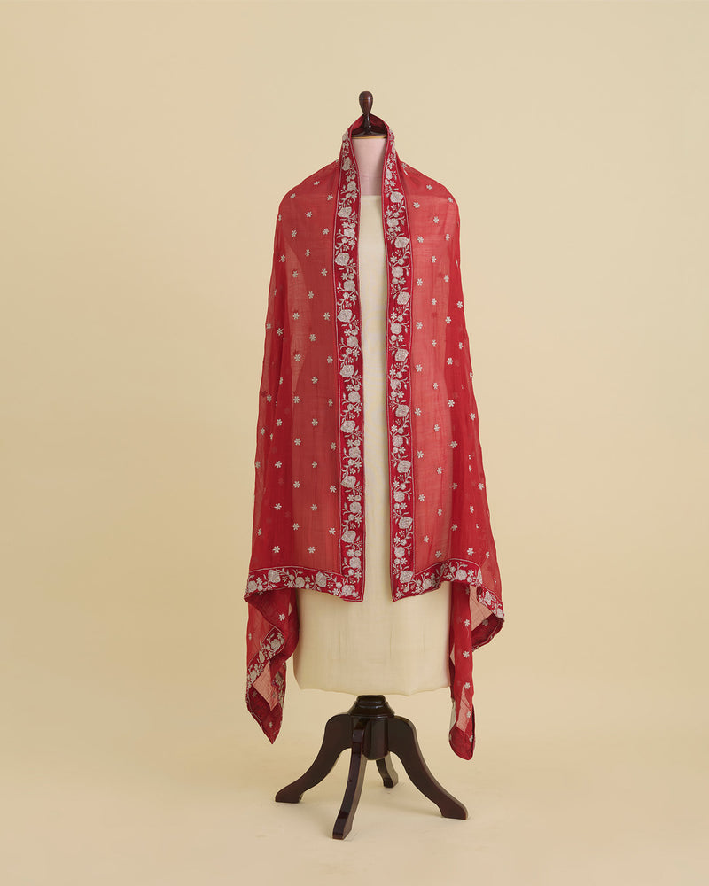 Maroon Malai Chanderi Dupatta with Taar Buta Border Embroidery
