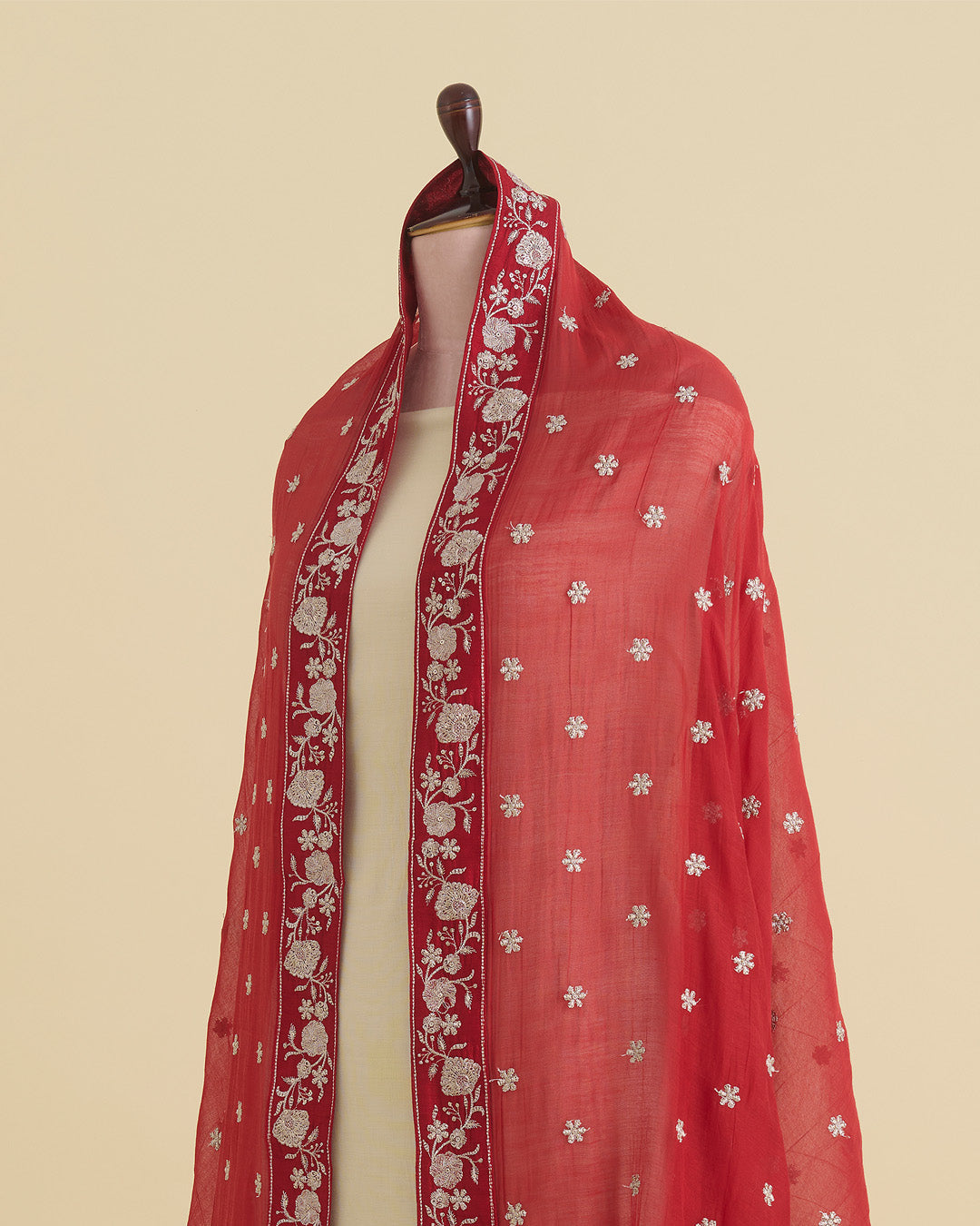 Maroon Malai Chanderi Dupatta with Taar Buta Border Embroidery