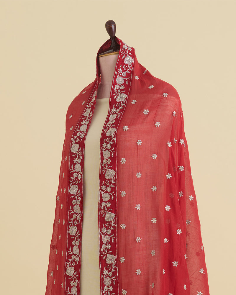 Maroon Malai Chanderi Dupatta with Taar Buta Border Embroidery