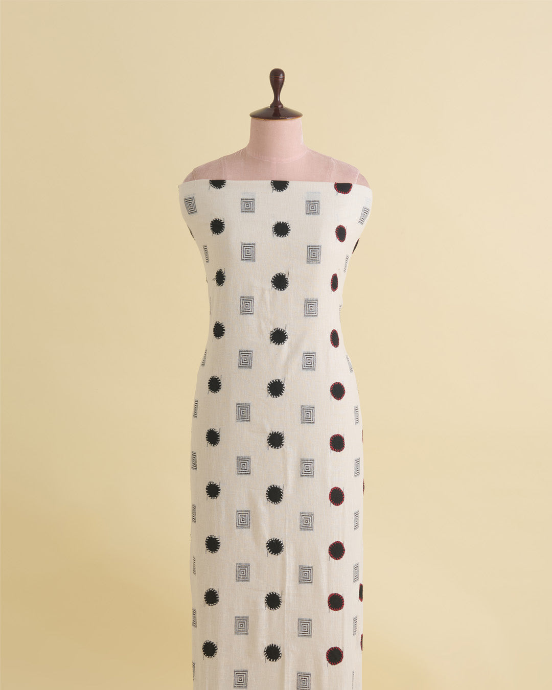 Off White Mal Cotton Applique Printed Fabric with Polka Embroidery