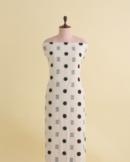 Off White Mal Cotton Applique Printed Fabric with Polka Embroidery