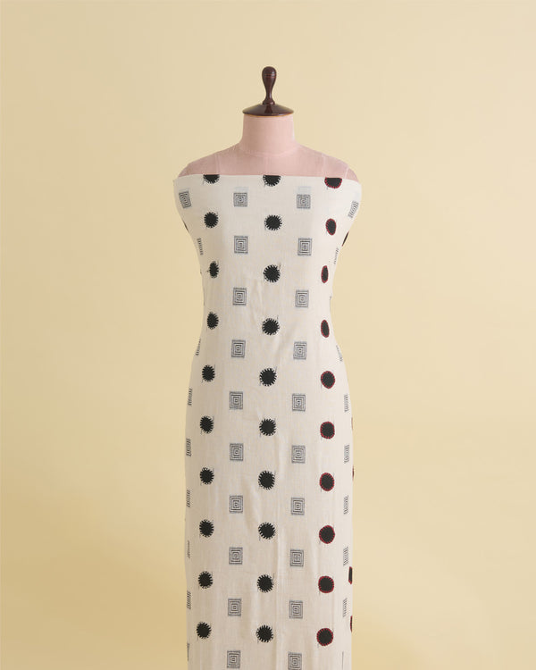 Off White Mal Cotton Applique Printed Fabric with Polka Embroidery