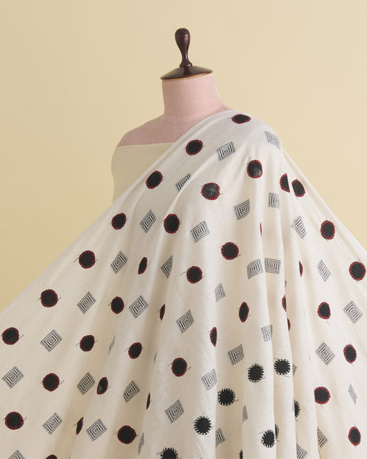 Off White Mal Cotton Applique Printed Fabric with Polka Embroidery