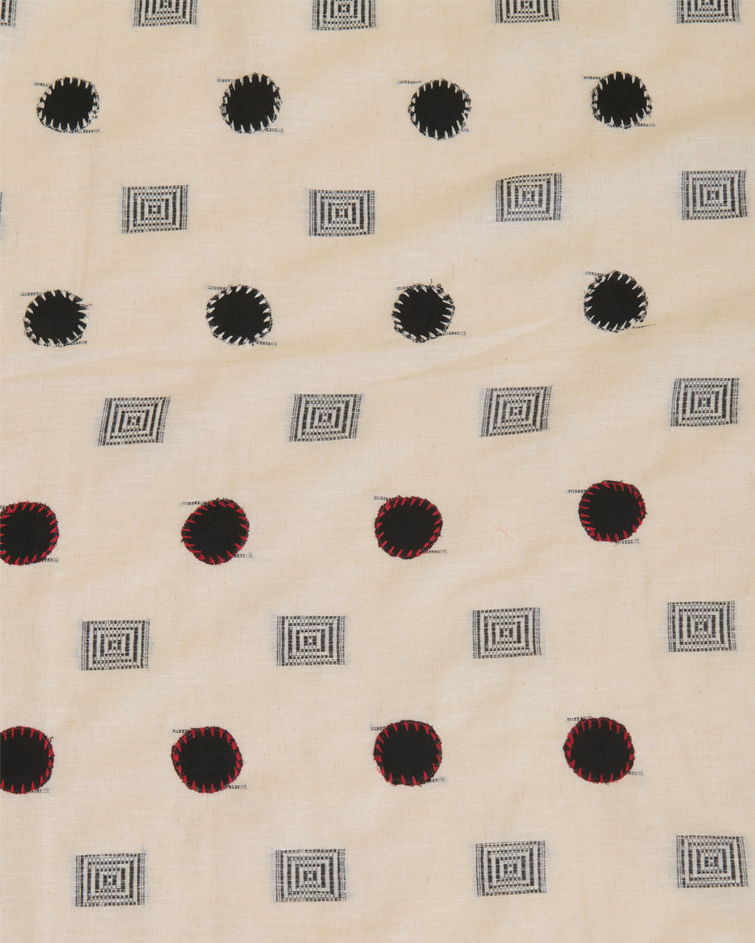 Off White Mal Cotton Applique Printed Fabric with Polka Embroidery