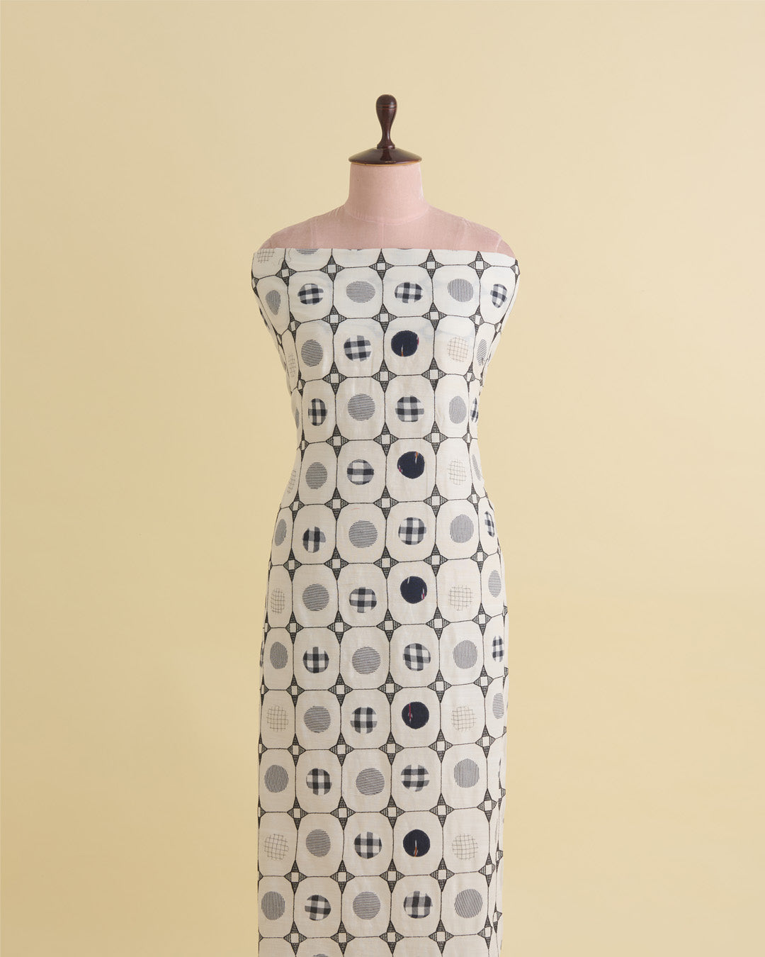 Off White Mal Cotton Applique Printed Fabric with Polka Embroidery