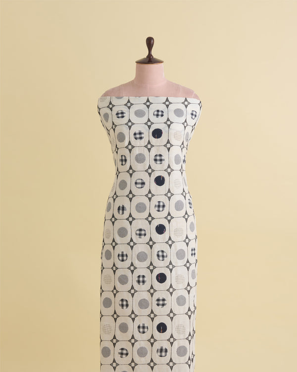 Off White Mal Cotton Applique Printed Fabric with Polka Embroidery