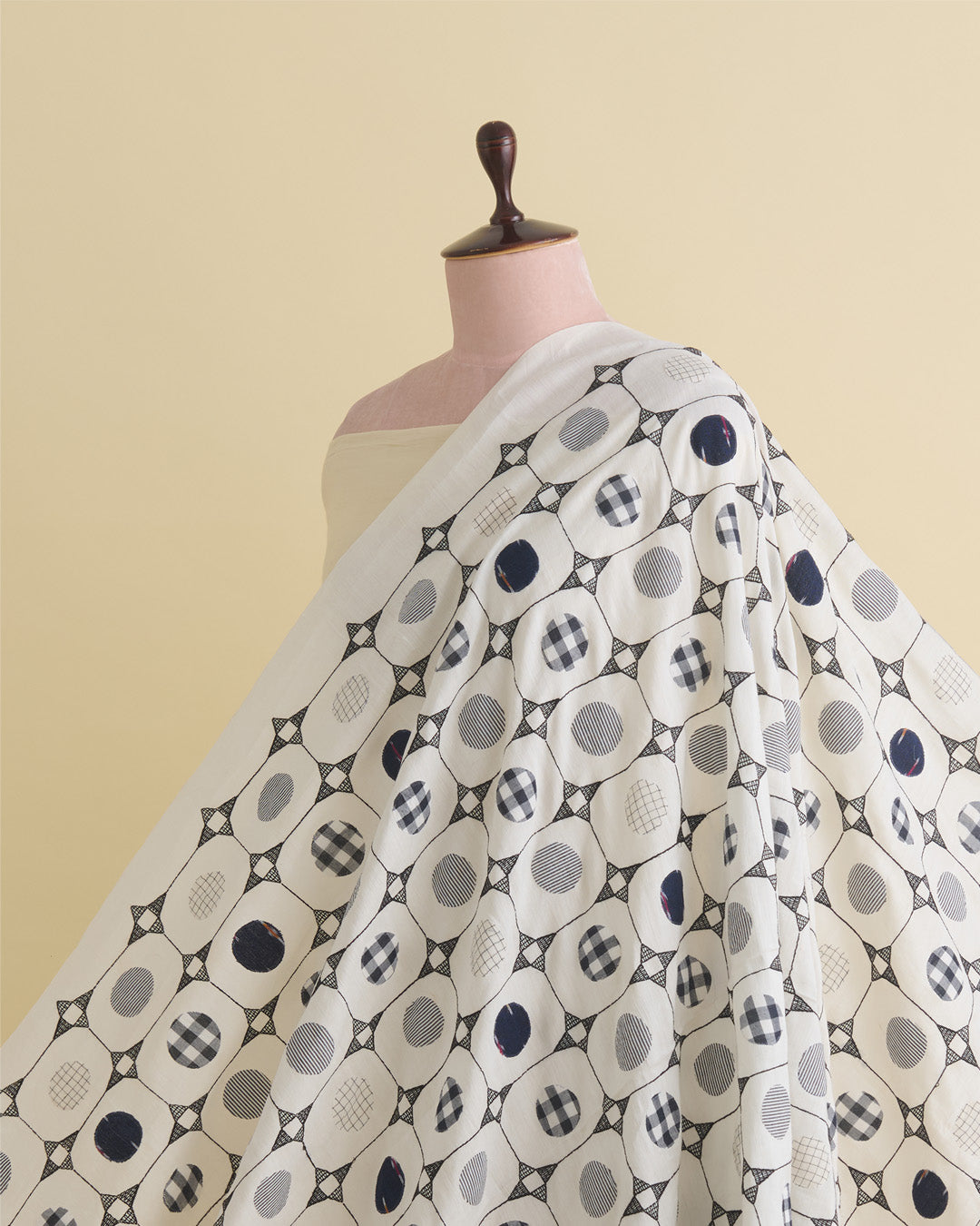 Off White Mal Cotton Applique Printed Fabric with Polka Embroidery