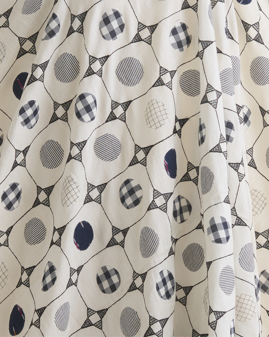 Off White Mal Cotton Applique Printed Fabric with Polka Embroidery