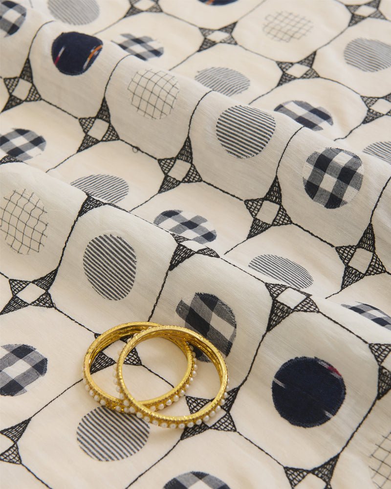 Off White Mal Cotton Applique Printed Fabric with Polka Embroidery