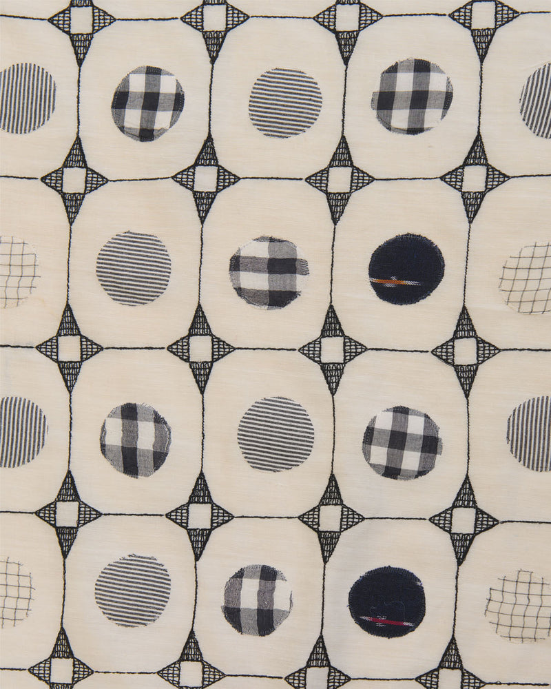 Off White Mal Cotton Applique Printed Fabric with Polka Embroidery