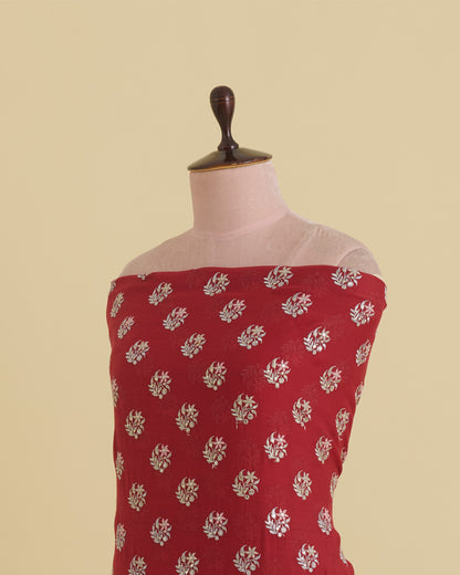 Red Malai Chanderi Fabric with Resham, Zari & Sequin Buta Embroidery