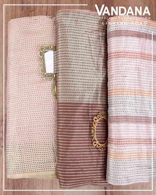 Muga Tissue Multi Zari Patta Fabric with Katha Stitches