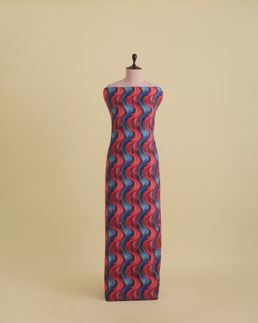 Malai Cotton Silk Geometric Printed Fabric – Blue/Red