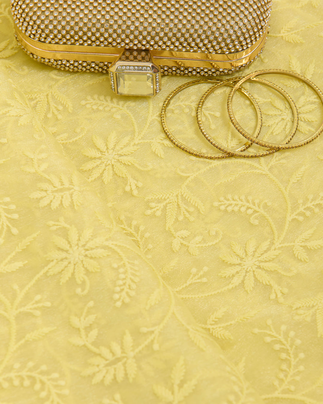 Yellow Metallic Georgette Fabric with Lucknowi Jaal Embroidery