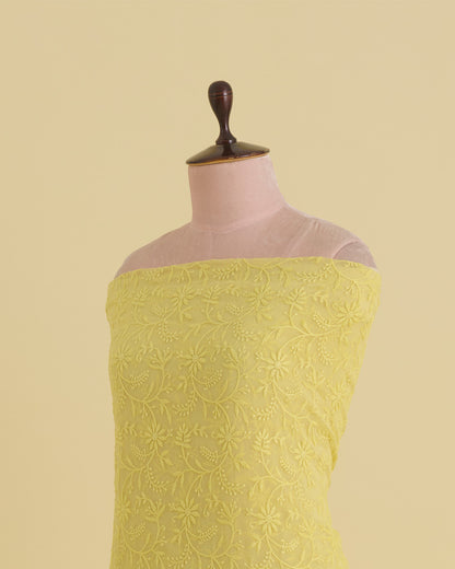 Yellow Metallic Georgette Fabric with Lucknowi Jaal Embroidery