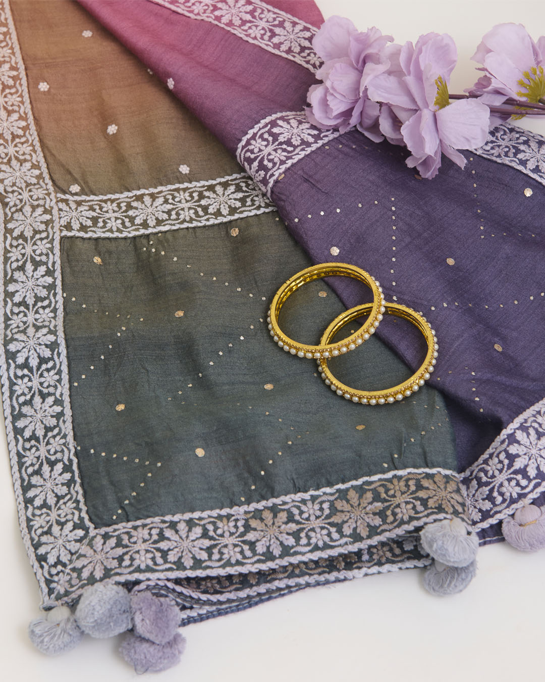 Muga Silk Lucknowi Buti Dupatta with Badla Pallu in Brown, Grey, Purple & Mauve