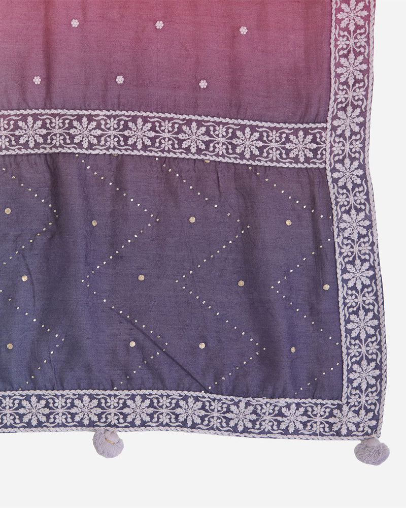 Muga Silk Lucknowi Buti Dupatta with Badla Pallu in Brown, Grey, Purple & Mauve