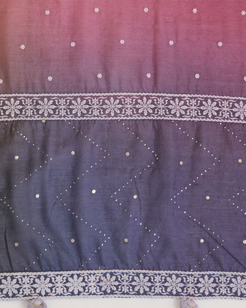 Muga Silk Lucknowi Buti Dupatta with Badla Pallu in Brown, Grey, Purple & Mauve