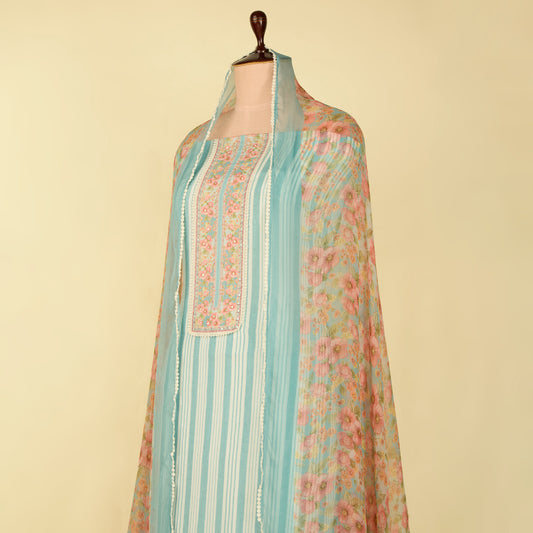 Aqua Blue Muslin Printed Suit with Chiffon Printed Dupatta